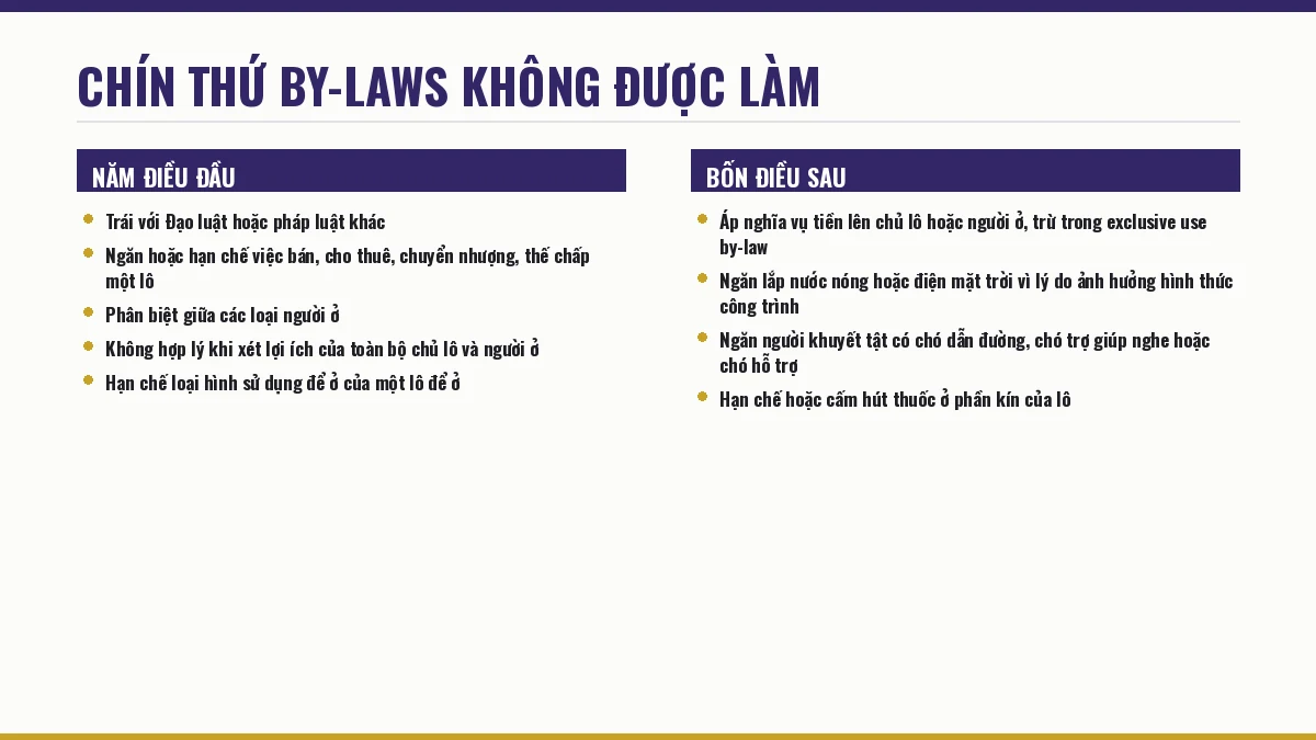 Chín thứ by-laws của body corporate không được làm